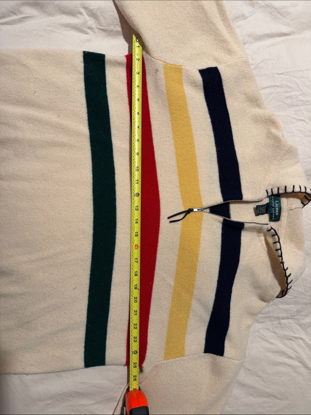 Ralph Lauren 100% Lambswool Cream Hooded Half-Zip Sweater with Multi Stripes - Picture 5 of 7